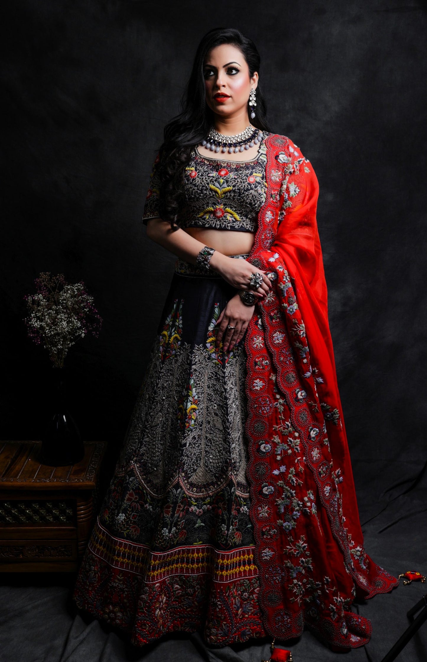 Navy Thread Embroidery Lehnga With Scarlet Dupatta