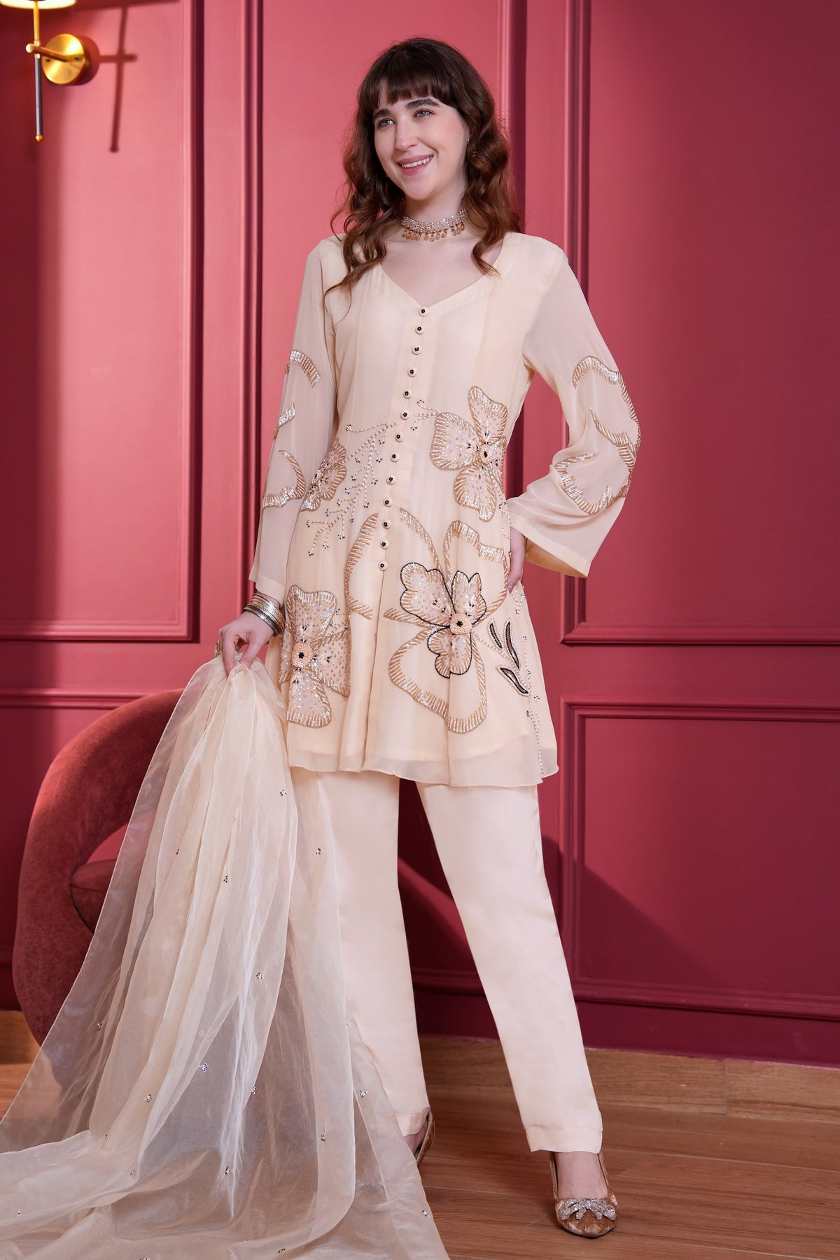 Short Anarkali With Nalki Embroidery - CREME