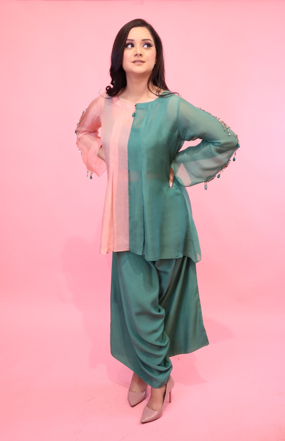Dual Tone Co-ord Set With Crystal Embroidery