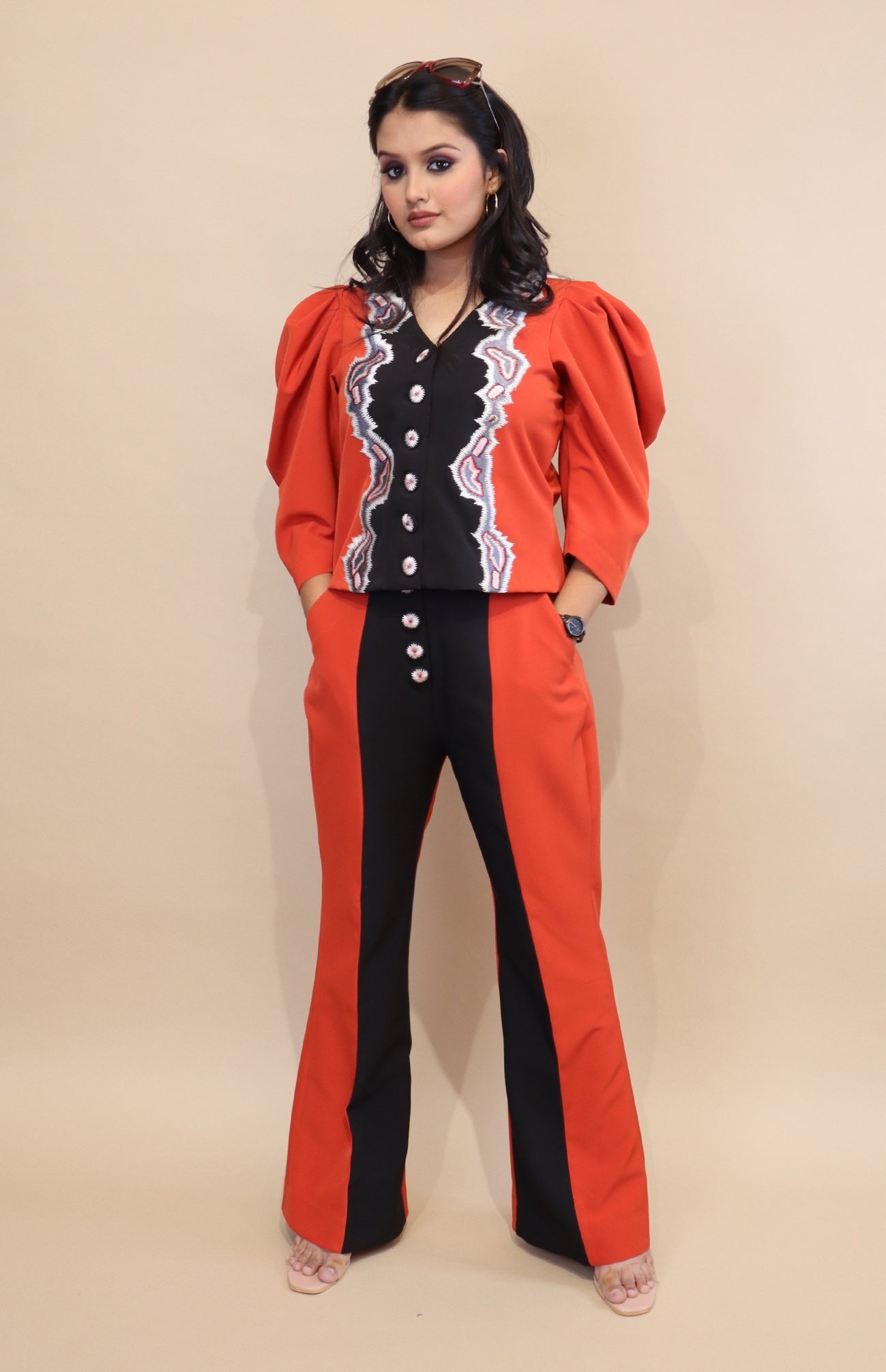 Burnt Orange And Black Colour Block Co-ord Set