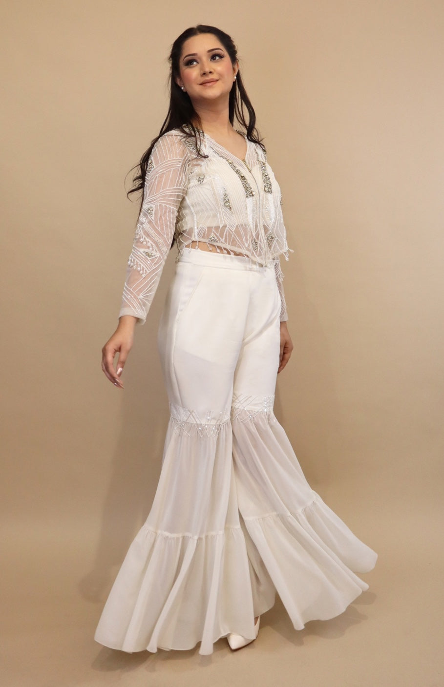 Tulle Embroidered Jacket With Tiered Pants - WHITE
