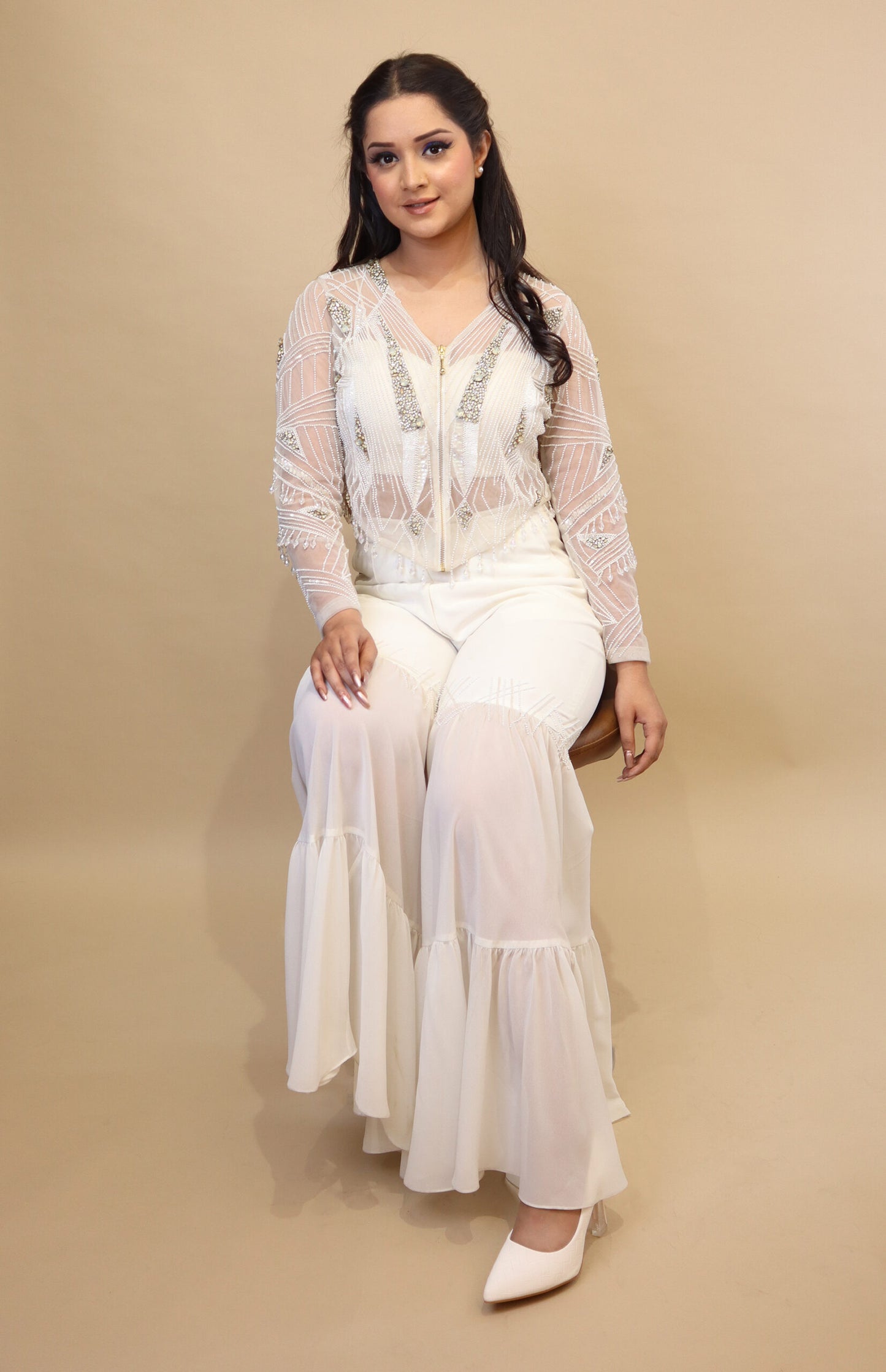 Tulle Embroidered Jacket With Tiered Pants - WHITE