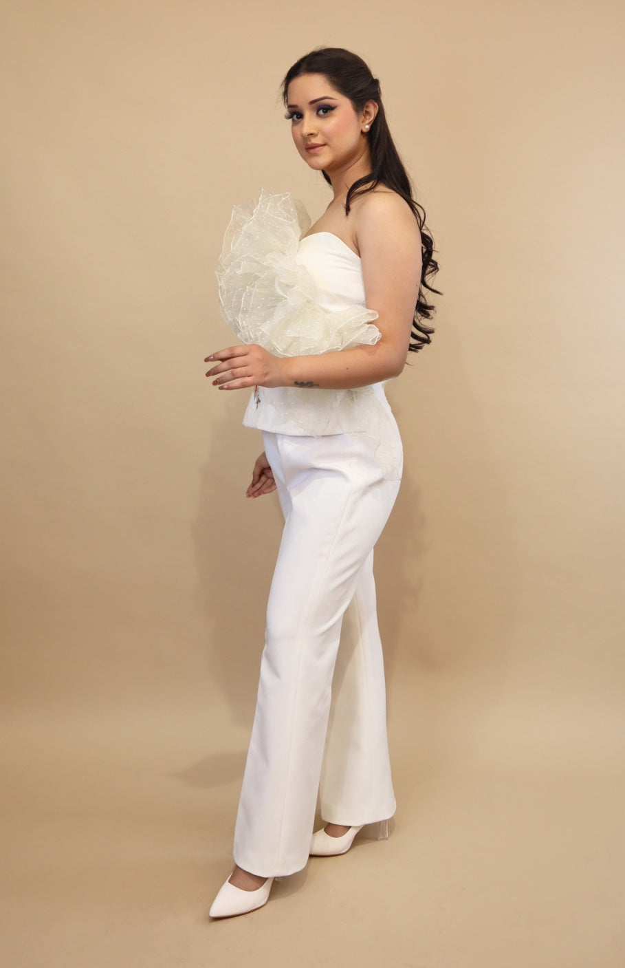 White Ruffled Top Co-ord Set