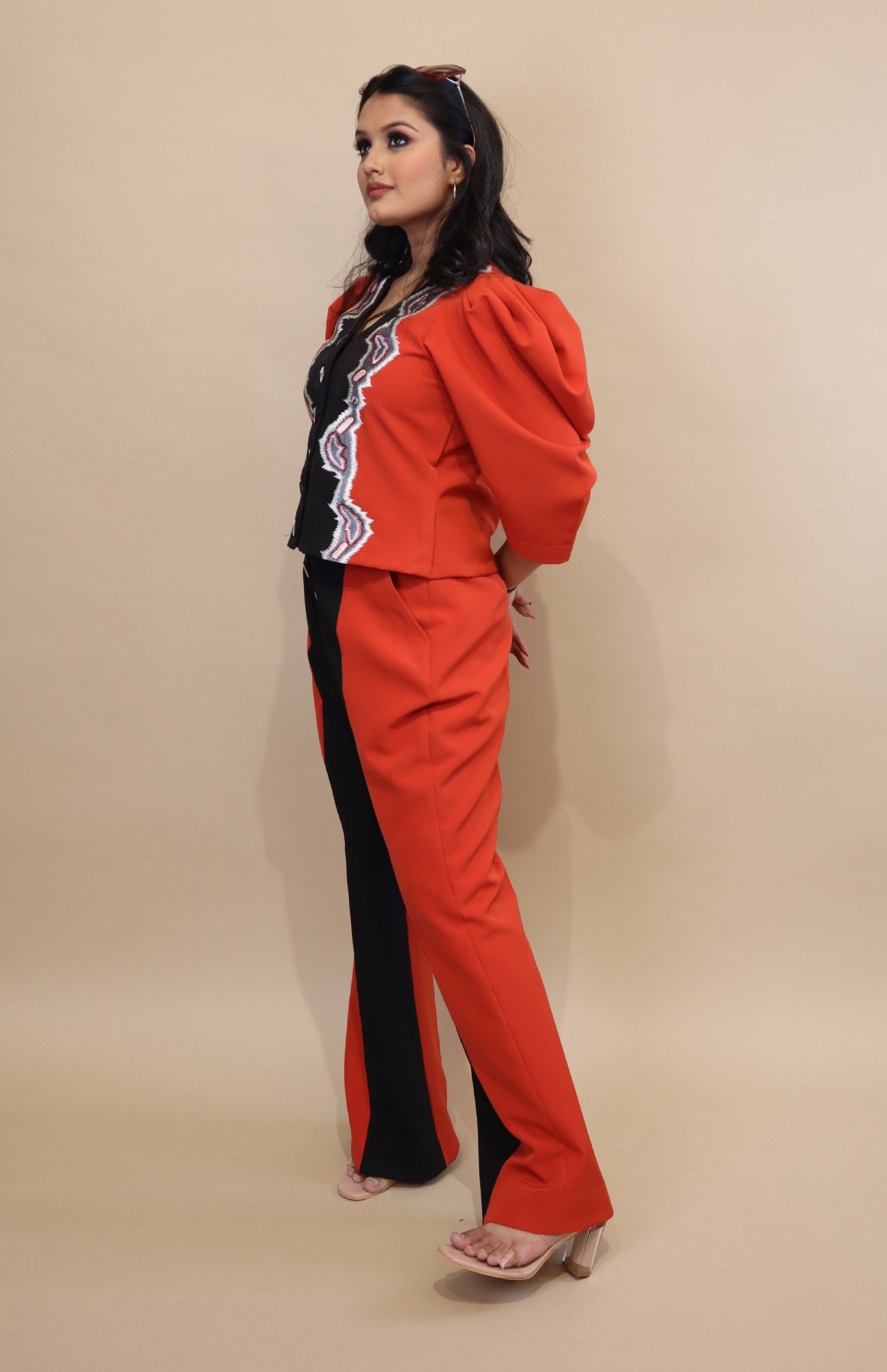 Burnt Orange And Black Colour Block Co-ord Set