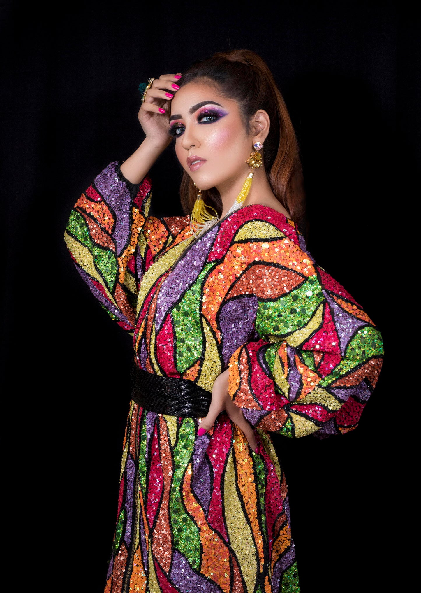 Sequins Embroidered Dress With Belt - Multicoloured