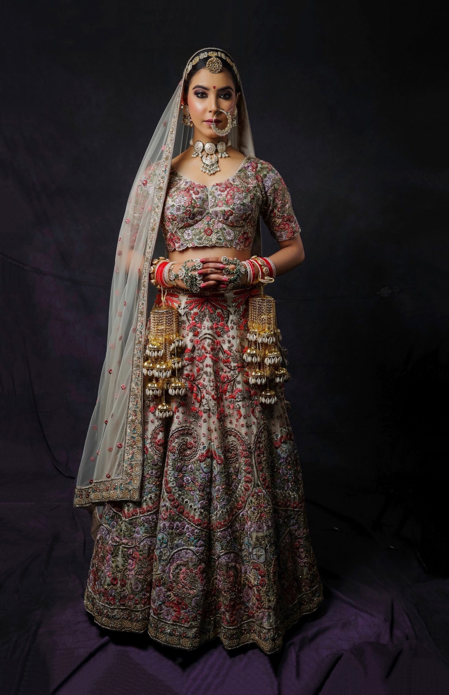 Beige Grey Multicoloured Embroidery Bridal Lehnga