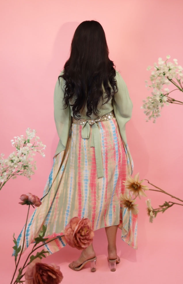 Tie & Dye Kaftan With Mirror Work Belt - SAGE GREEN