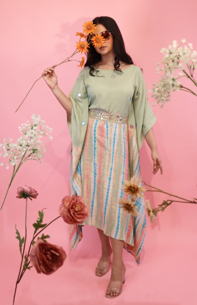 Tie & Dye Kaftan With Mirror Work Belt - SAGE GREEN