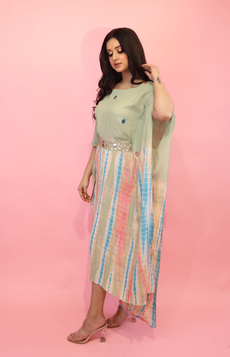 Tie & Dye Kaftan With Mirror Work Belt - SAGE GREEN