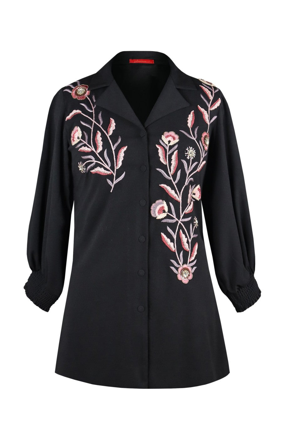 3D Embroidery Balloon Sleeves Top - BLACK