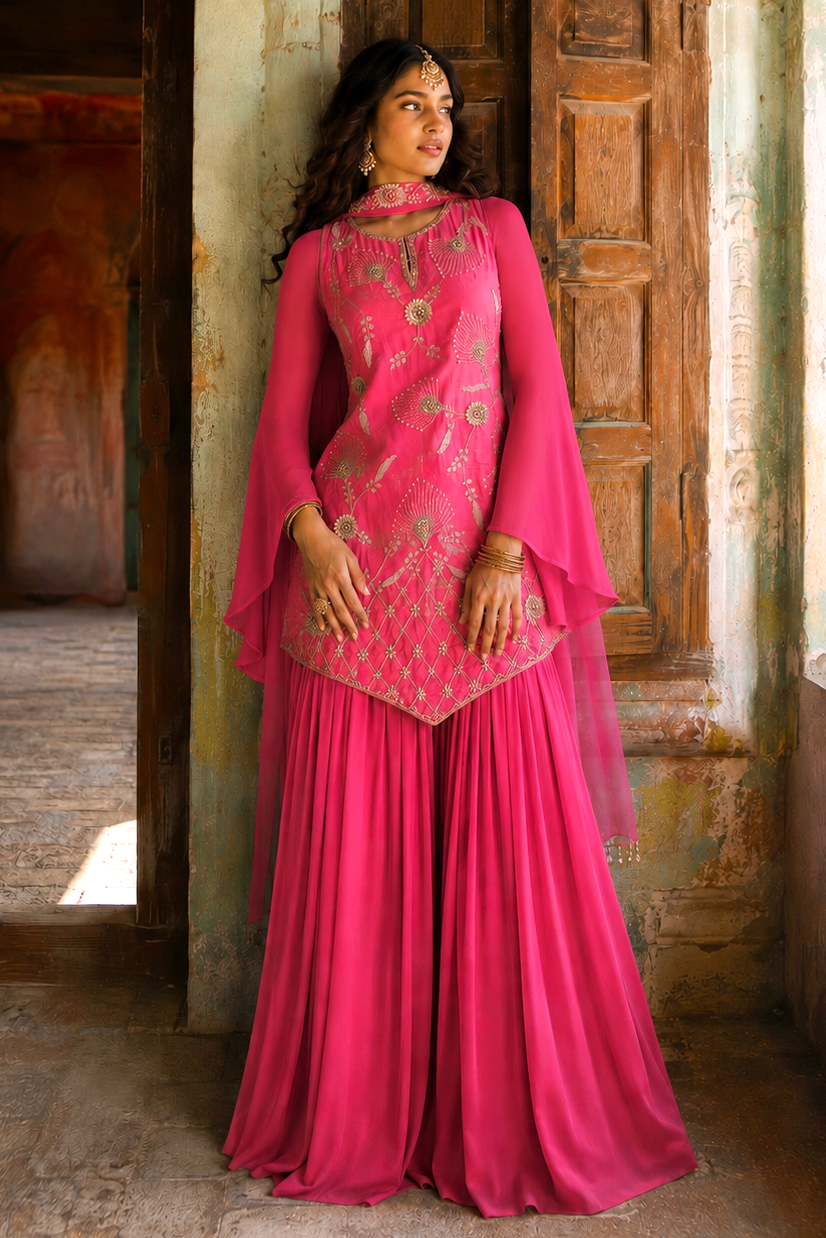 3D Gota Patti Gharara Set - PINK