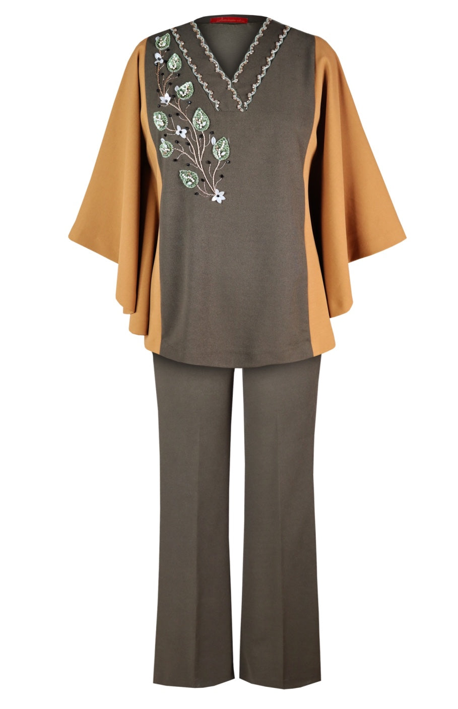 3D Leaves Embroidery Cape Co-ord Set - OLIVE