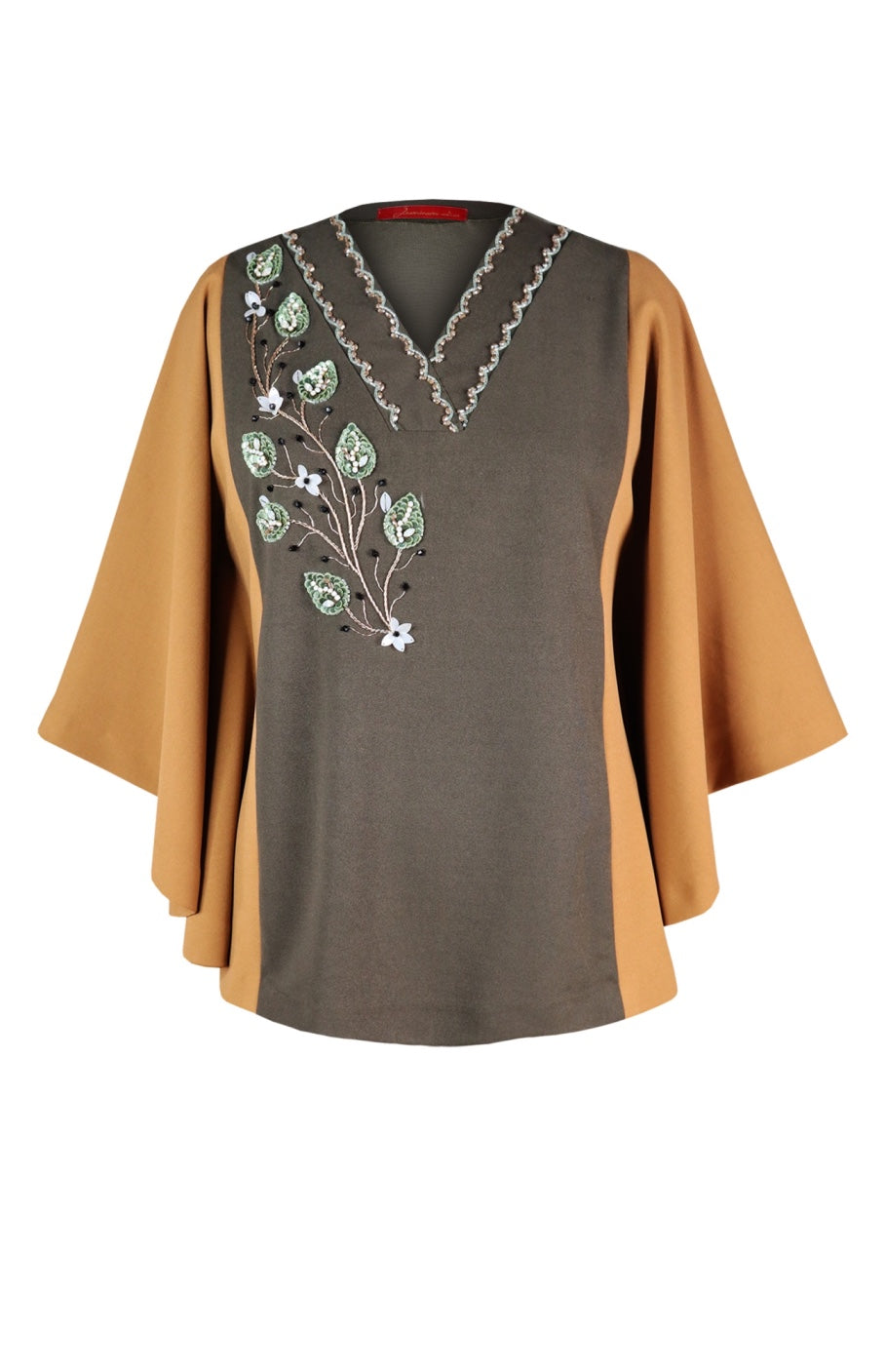 3D Leaves Embroidery Cape Top -OLIVE