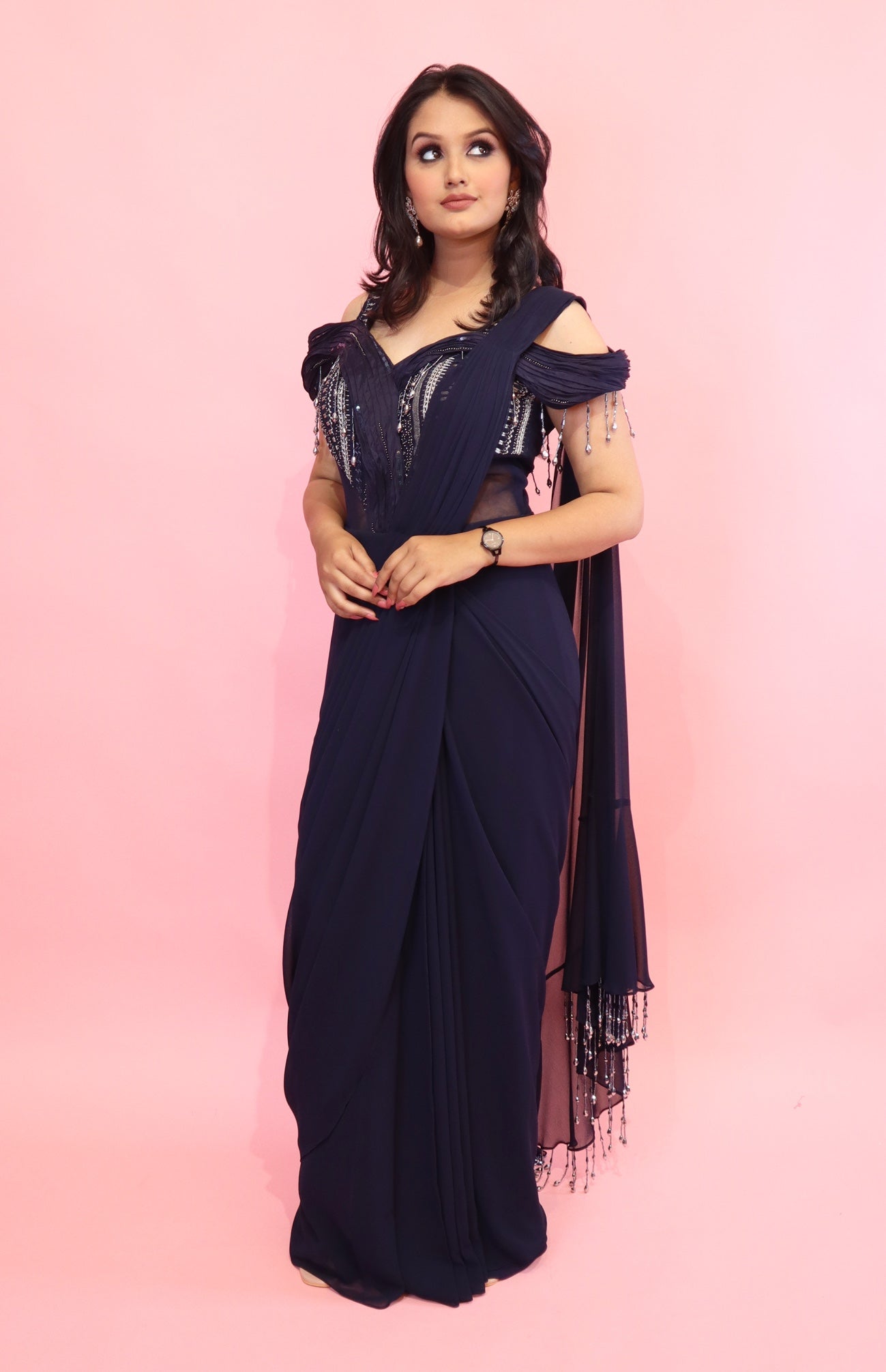 Navy Georgette Draped Saree Gown