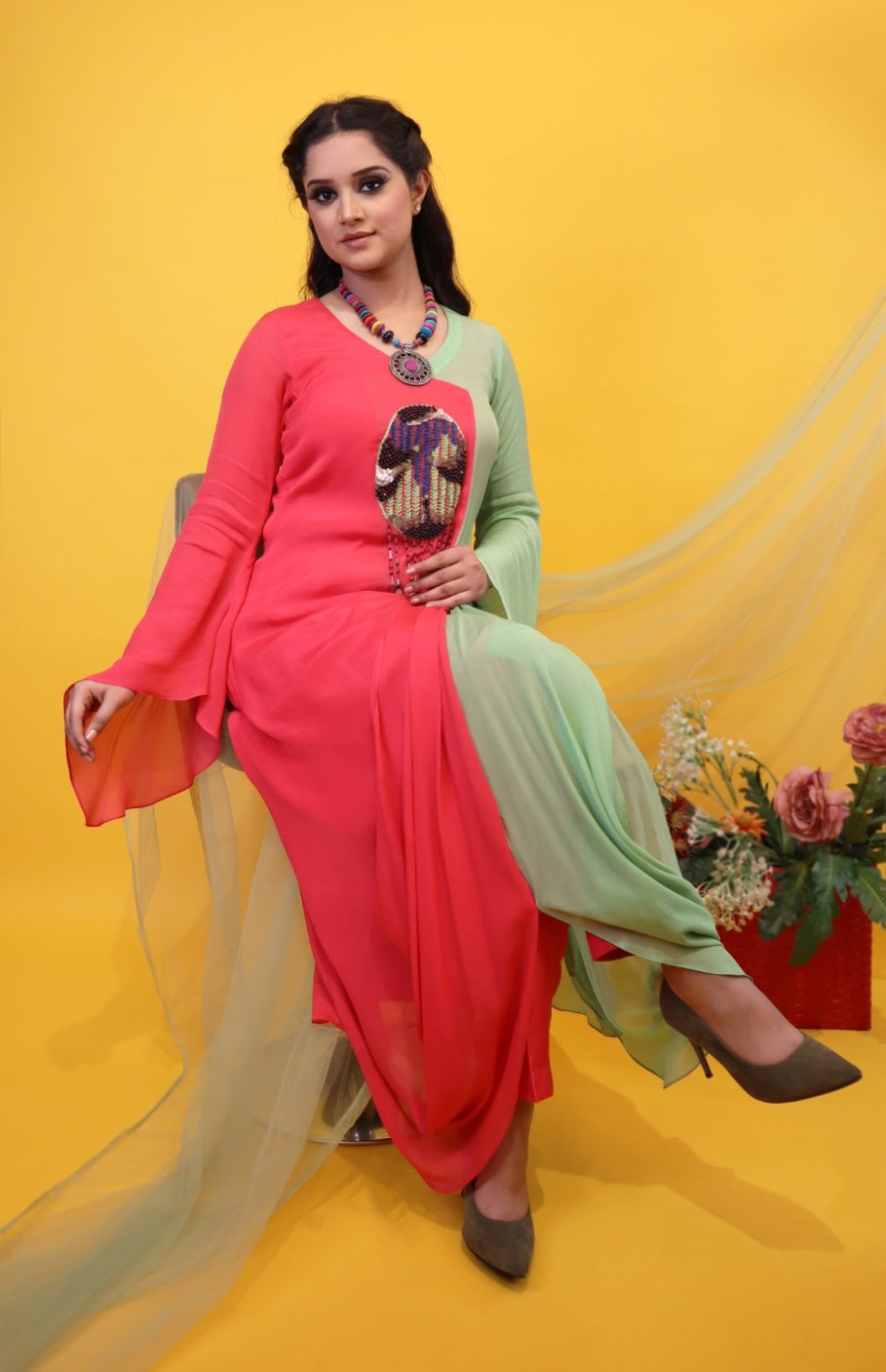 Chiffon Draped Kurta Set