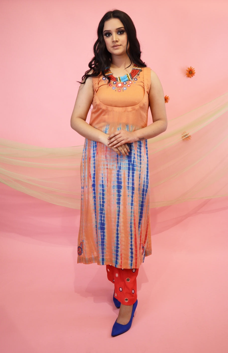 Mul Kurta Set With Mirror Embroidery - PEACH