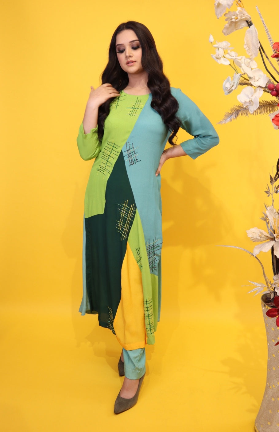 Quadri Color Block Kurta Set