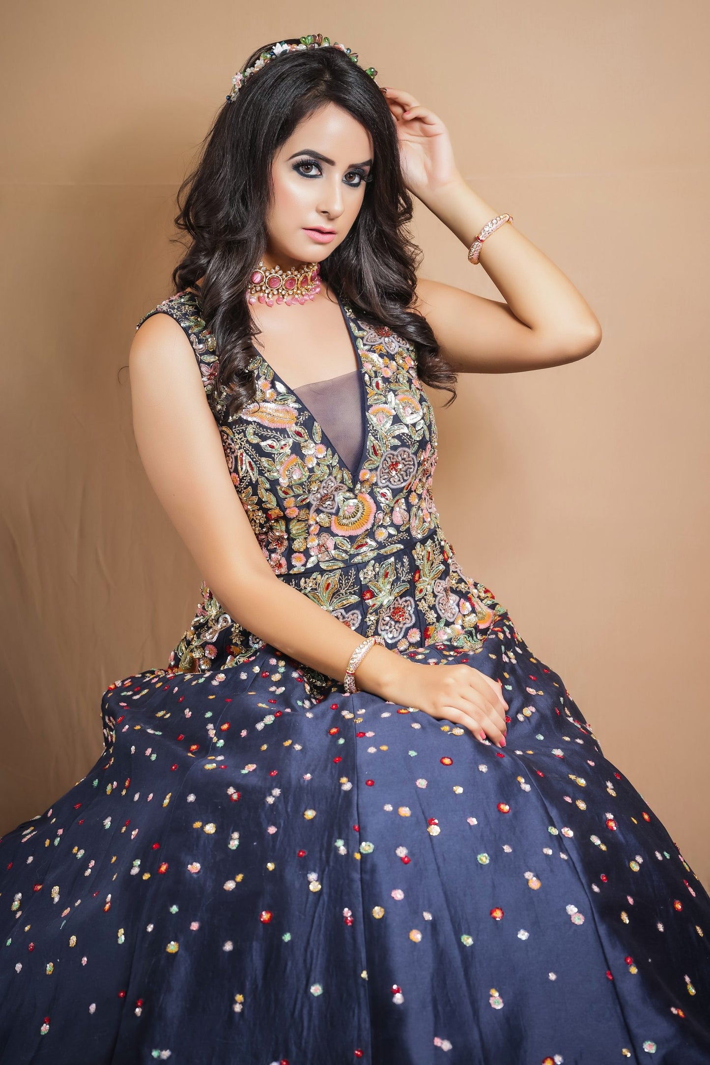Navy Blue Gown With Multicoloured Sequins Embroidery