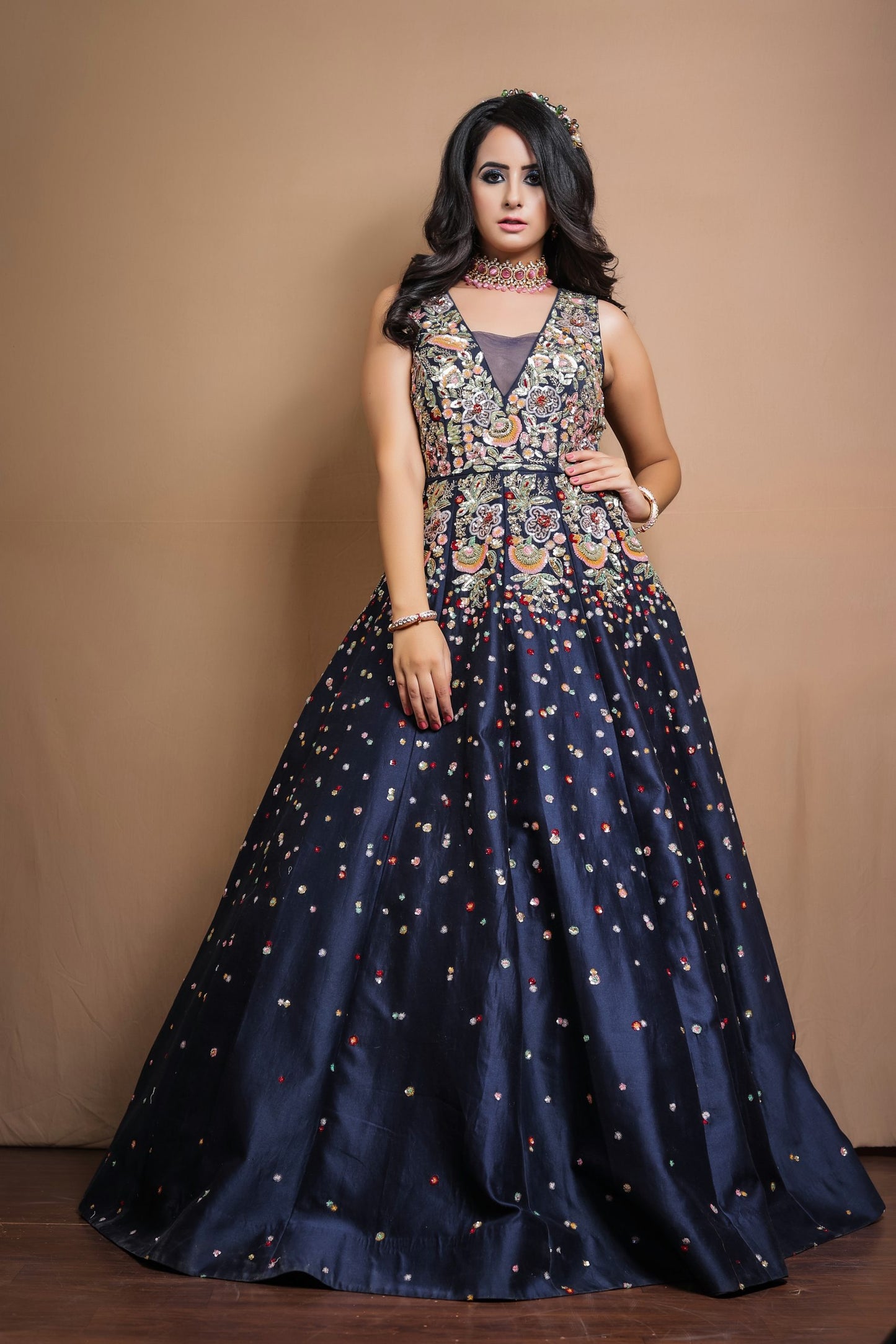 Navy Blue Gown With Multicoloured Sequins Embroidery