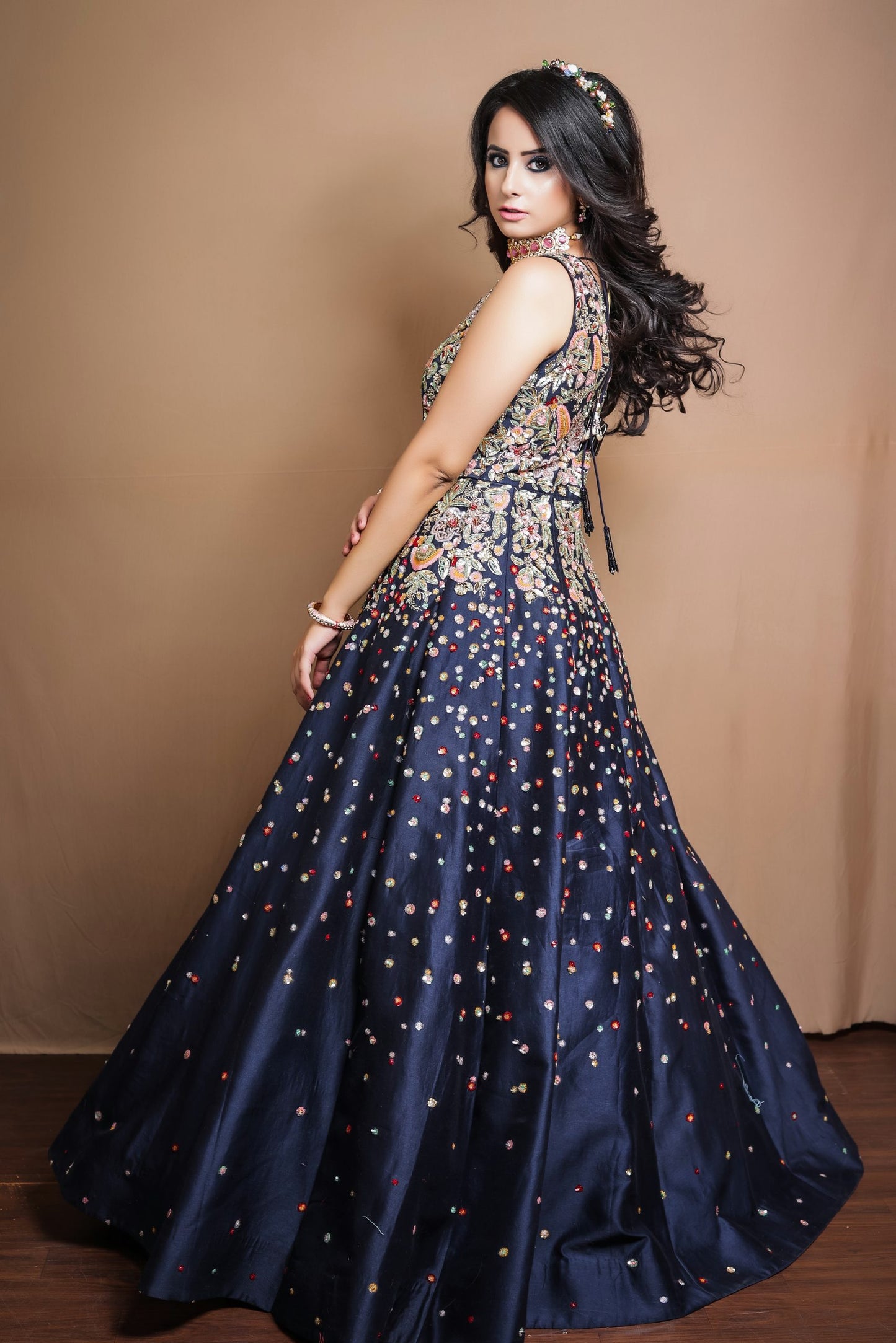 Navy Blue Gown With Multicoloured Sequins Embroidery