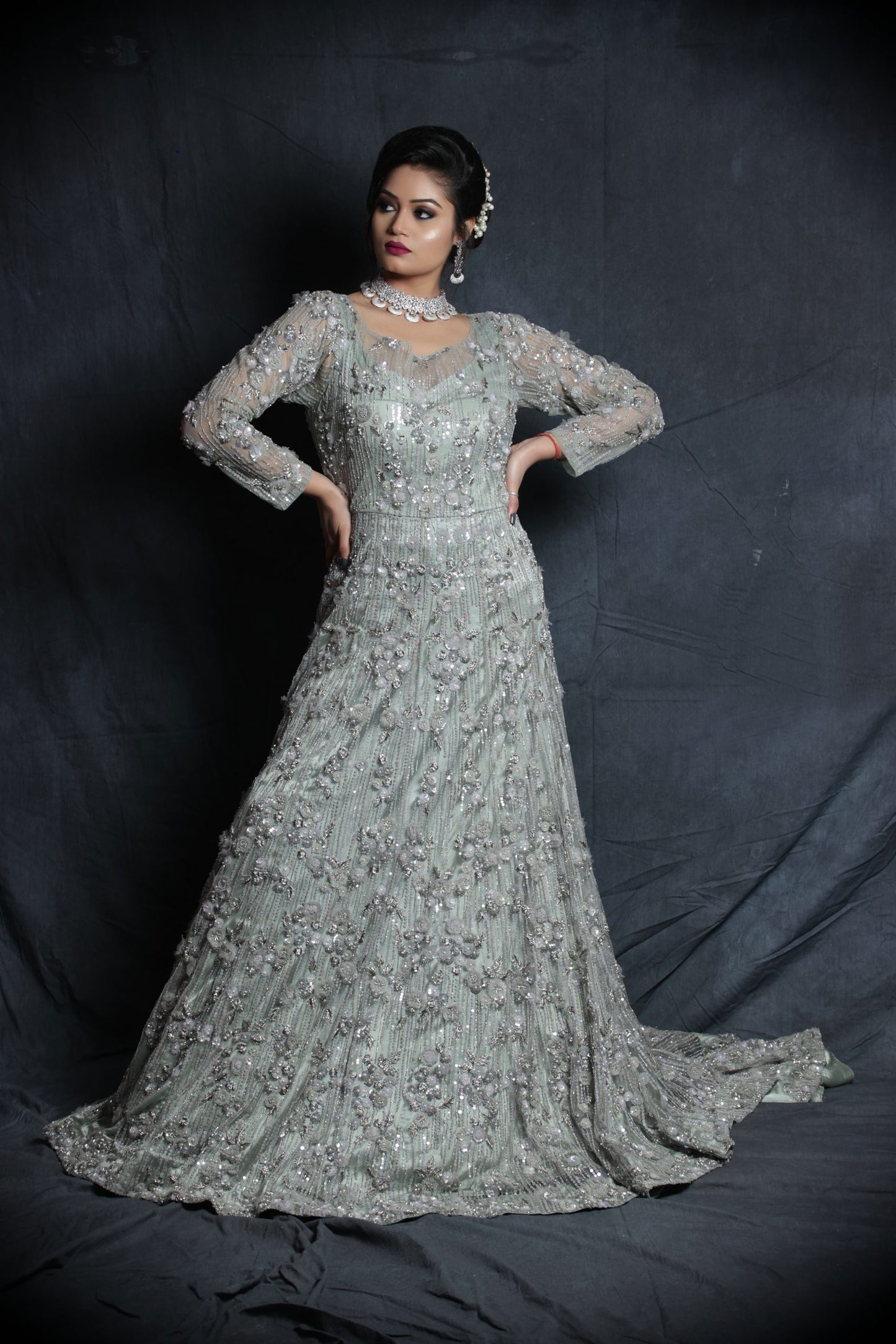 Ruffled Neck Trail Gown - ICE BLUE