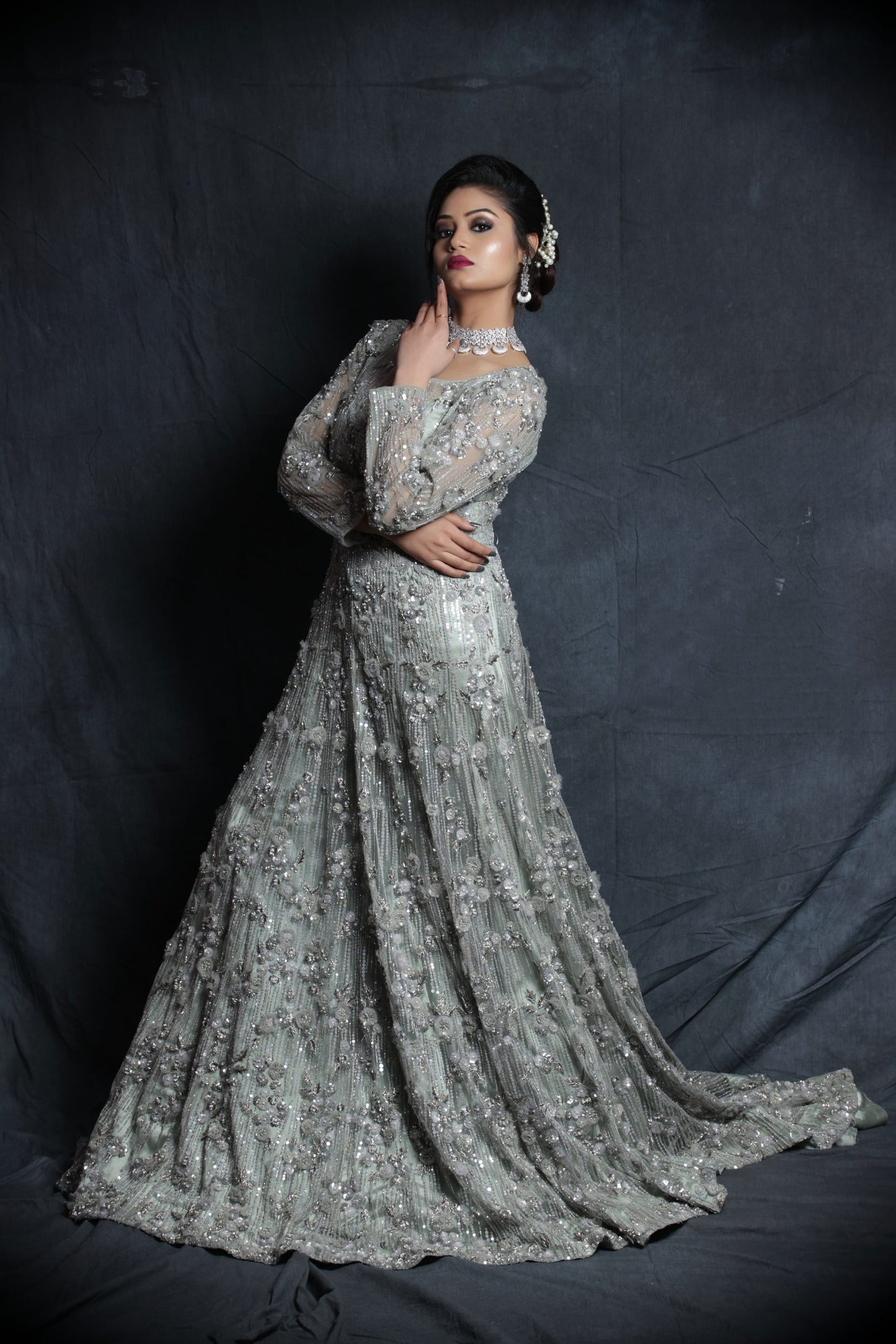 Ruffled Neck Trail Gown - ICE BLUE