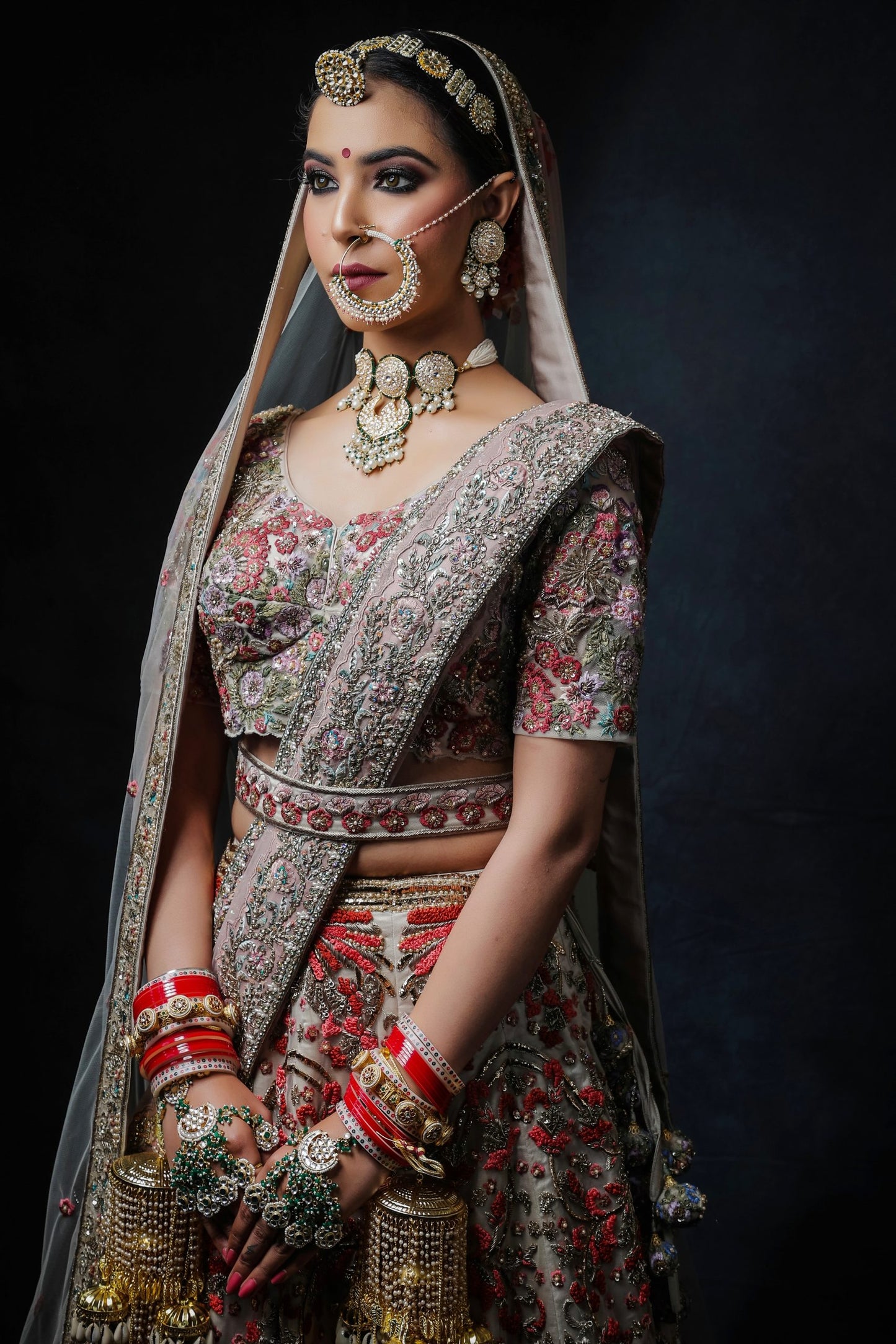 Beige Grey Multicoloured Embroidery Bridal Lehnga