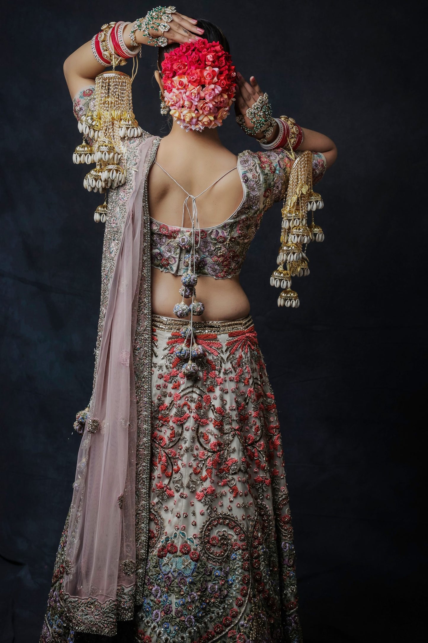 Beige Grey Multicoloured Embroidery Bridal Lehnga