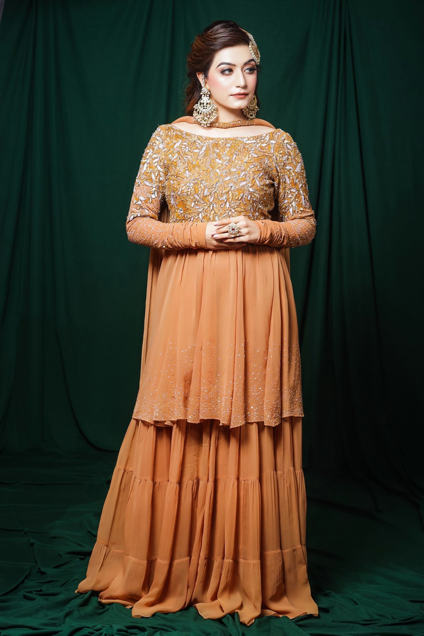 Georgette Short Anarkali With Sharara - GOLDEN