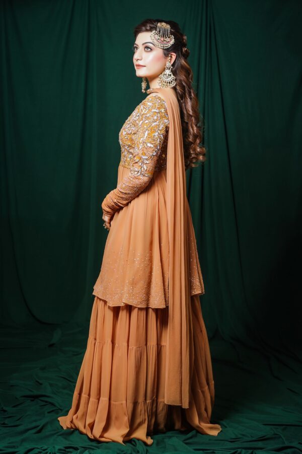 Georgette Short Anarkali With Sharara - GOLDEN
