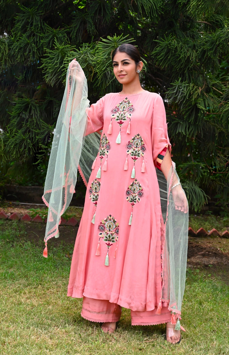 Chiffon Kalidaar Suit With Aari Bootas
