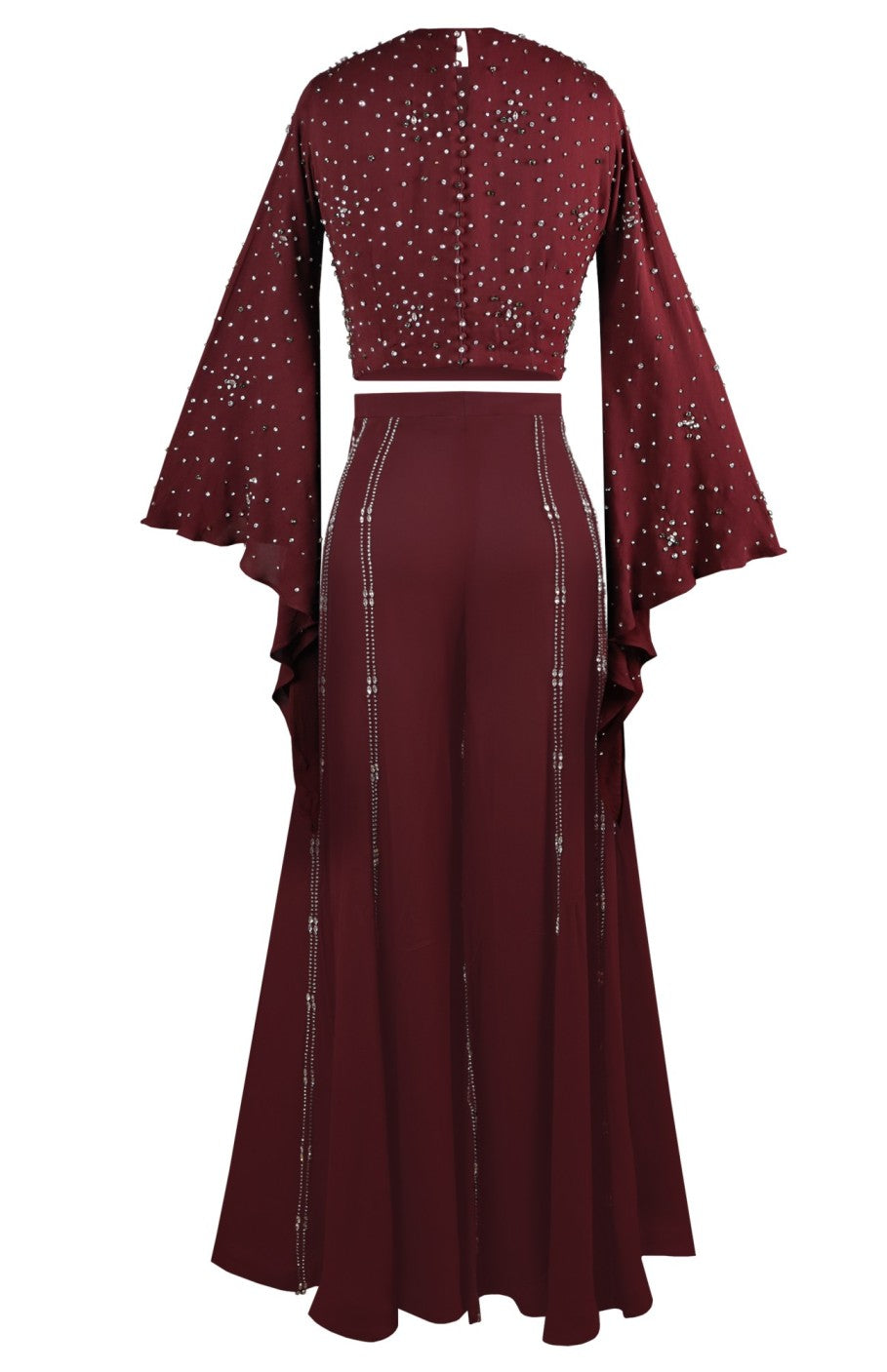 Angel Sleeves Crop Top With Flared Pants - MAROON