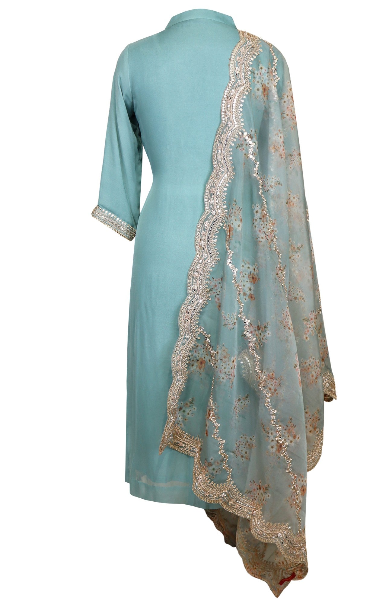 Teal Crepe Suit With Printed Dupatta