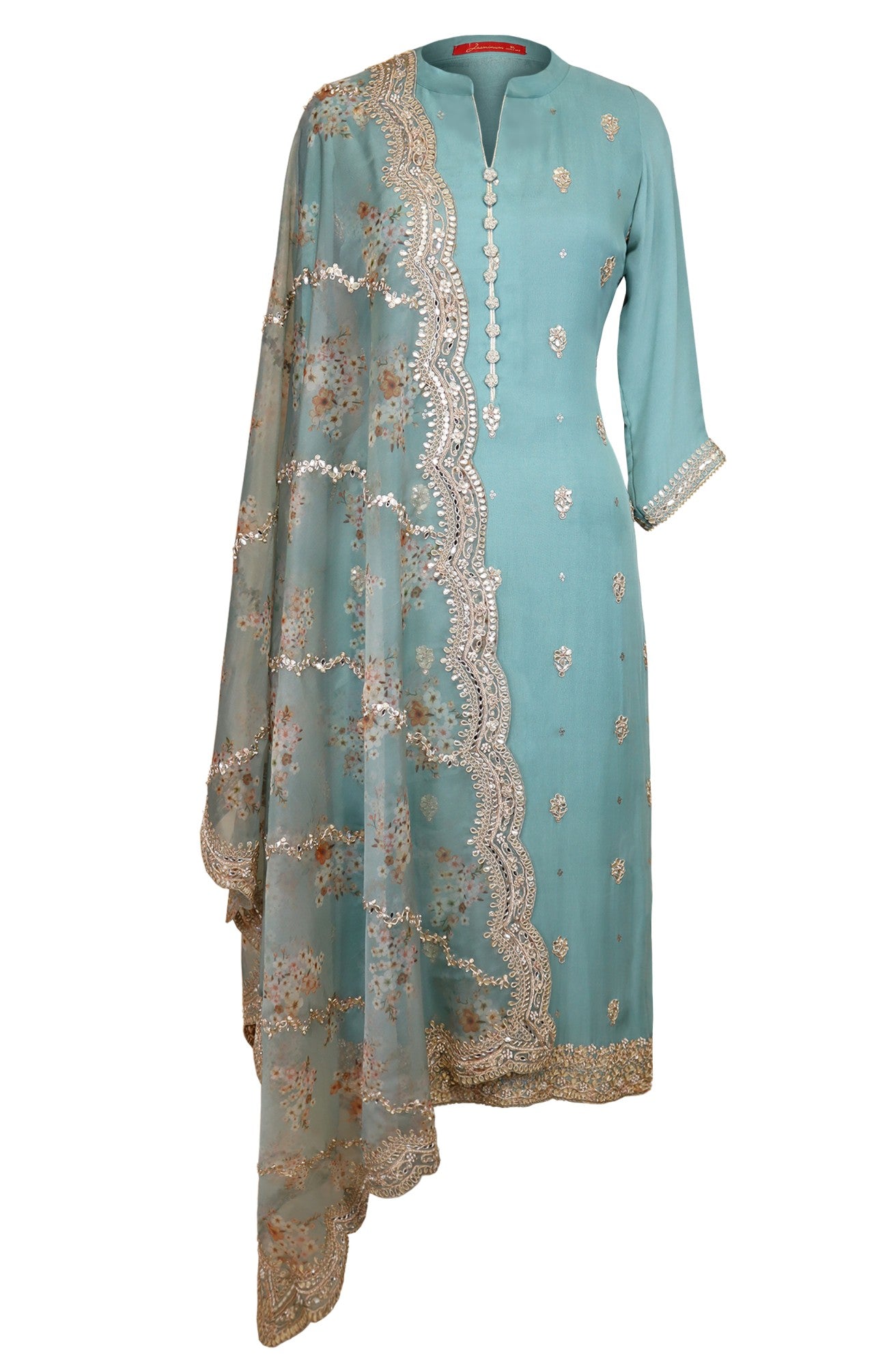 Teal Crepe Suit With Printed Dupatta