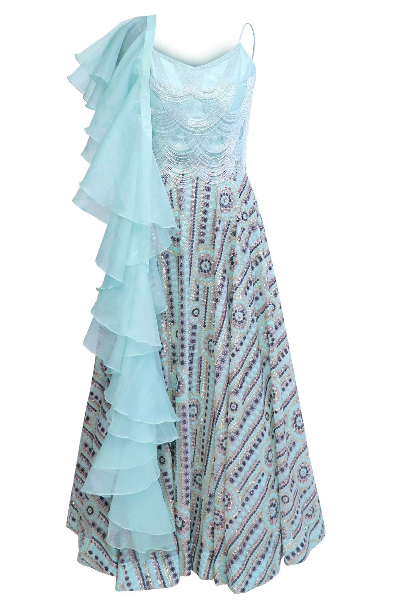 Cutdana Top With Sequin Embroidered Lehnga - AQUA