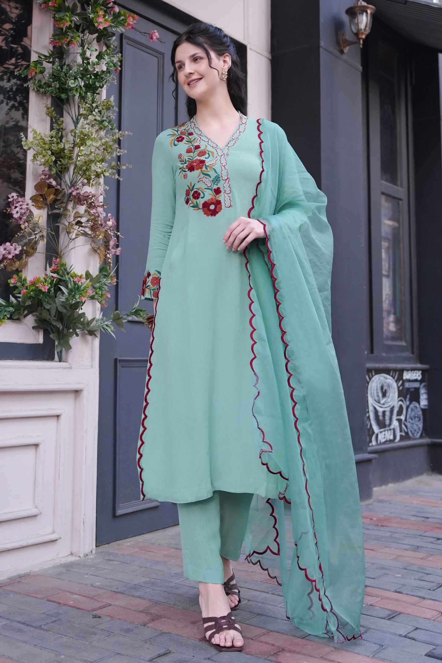Kashmiri Emb A-line Kurta Set - AQUA MARINE