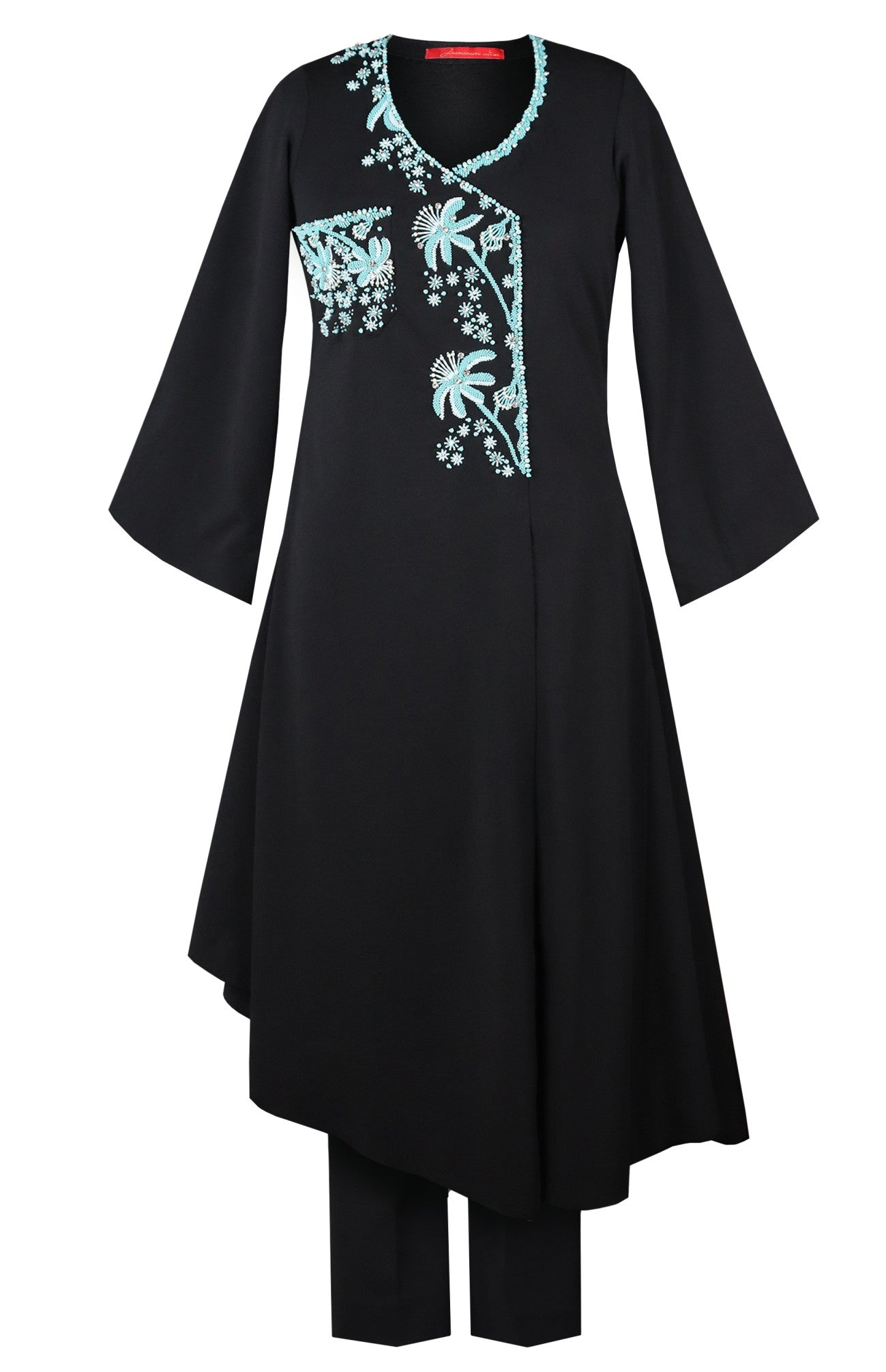 Beaded Palm Asymmetric Kurta Set - BLACK