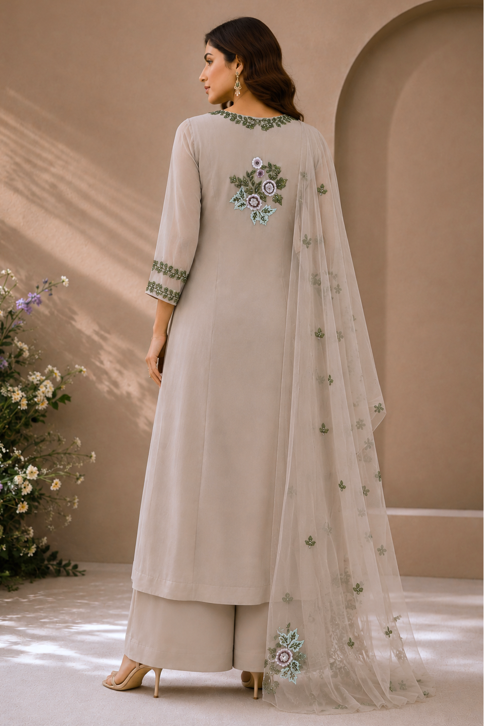 Georgette Suit With Floral Bunches - BEIGE