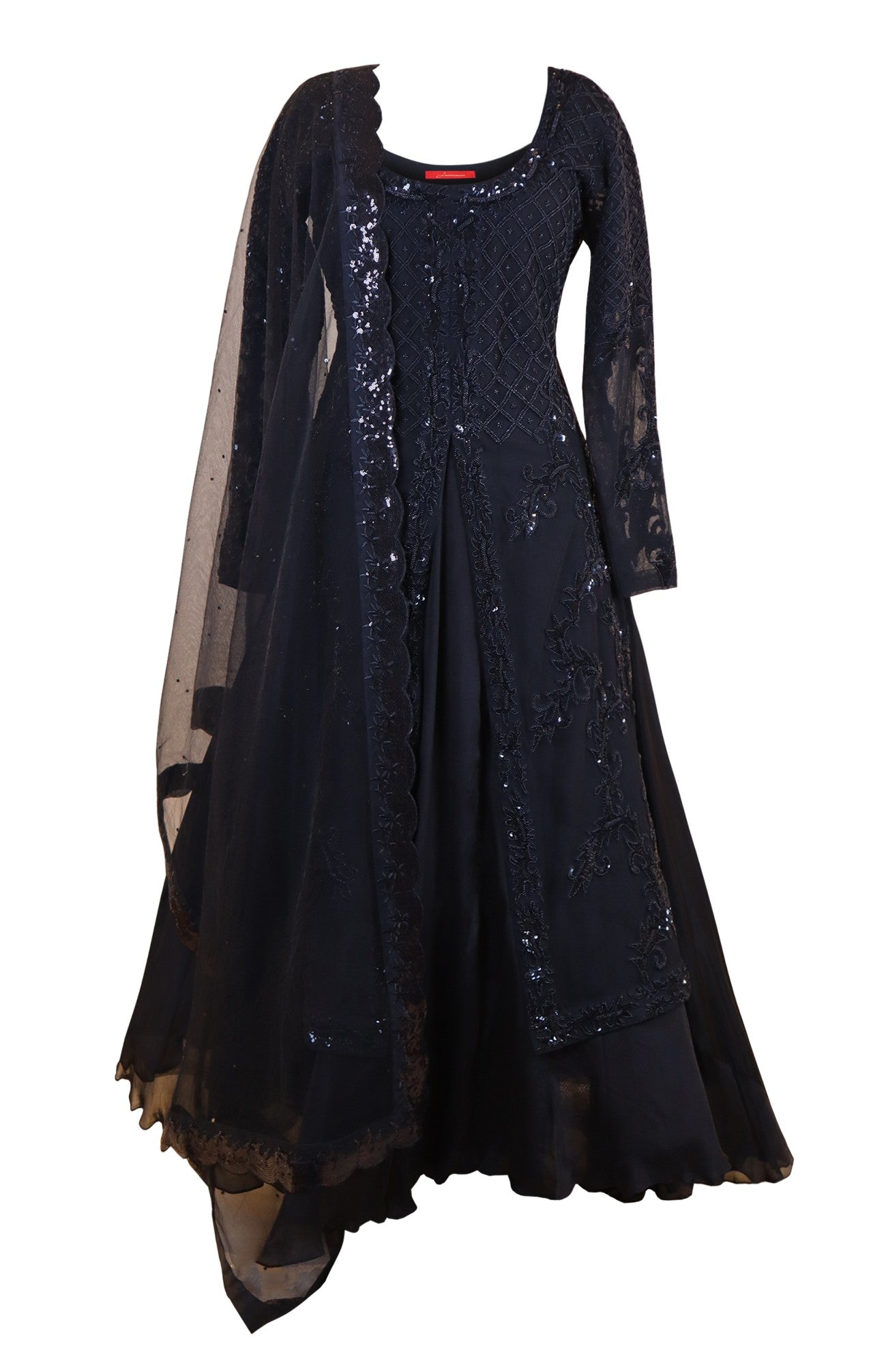 Black Hand Embroidered Achkan With Skirt
