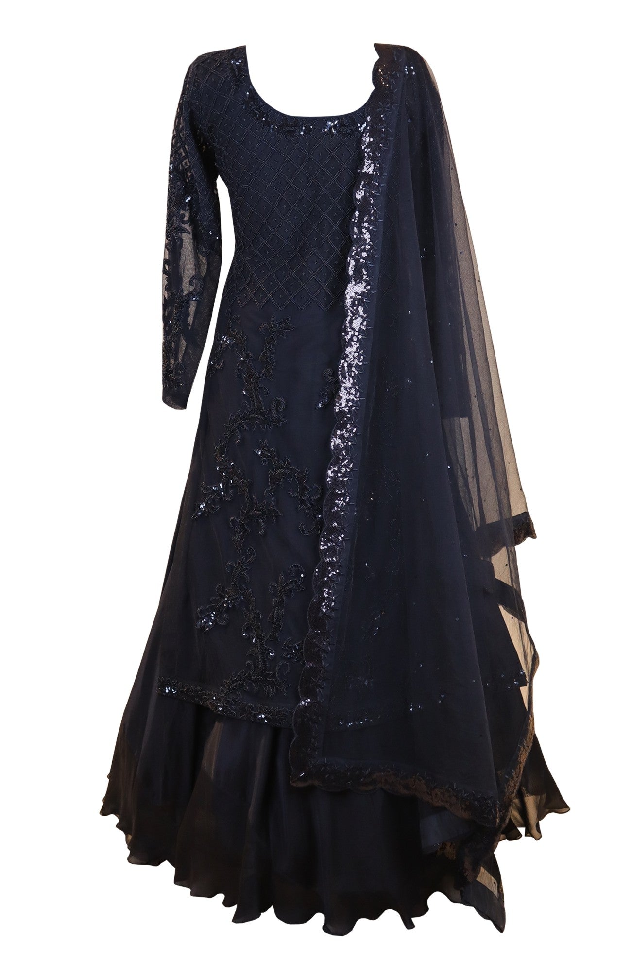 Black Hand Embroidered Achkan With Skirt