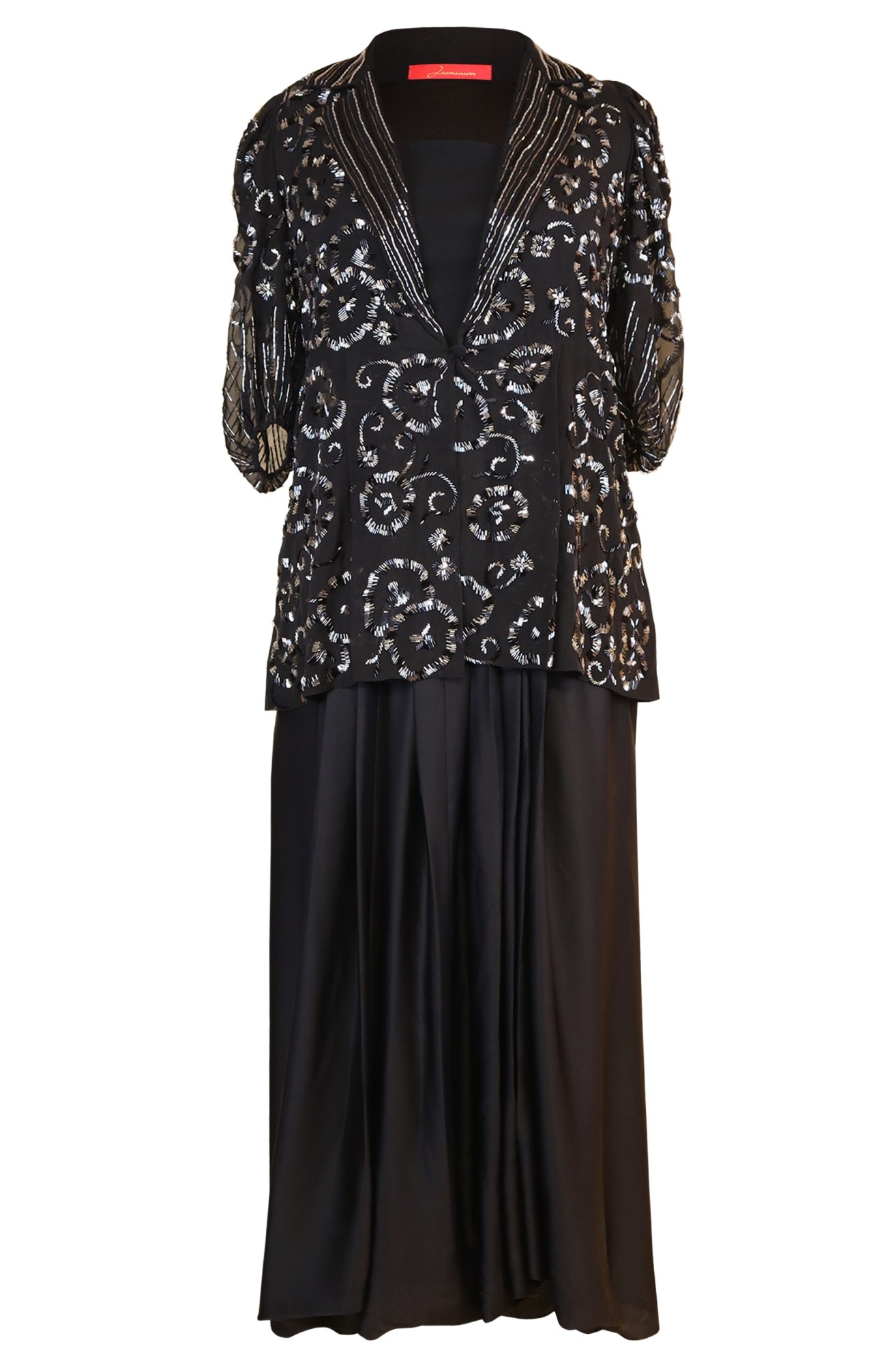 Embellished Jacket With Lungi - BLACK