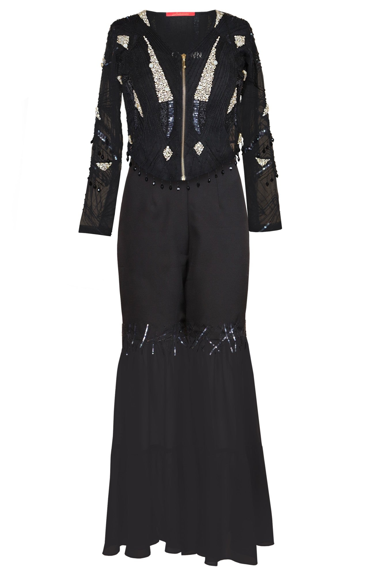 Tulle Embroidered Jacket With Tiered Pants