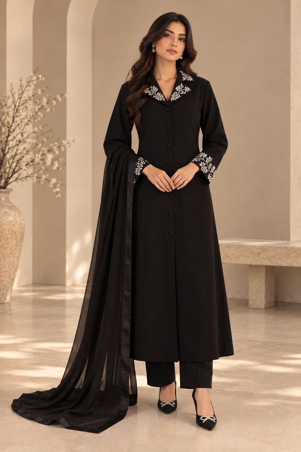Grape Vine Embroidery Kurta Set With Collar