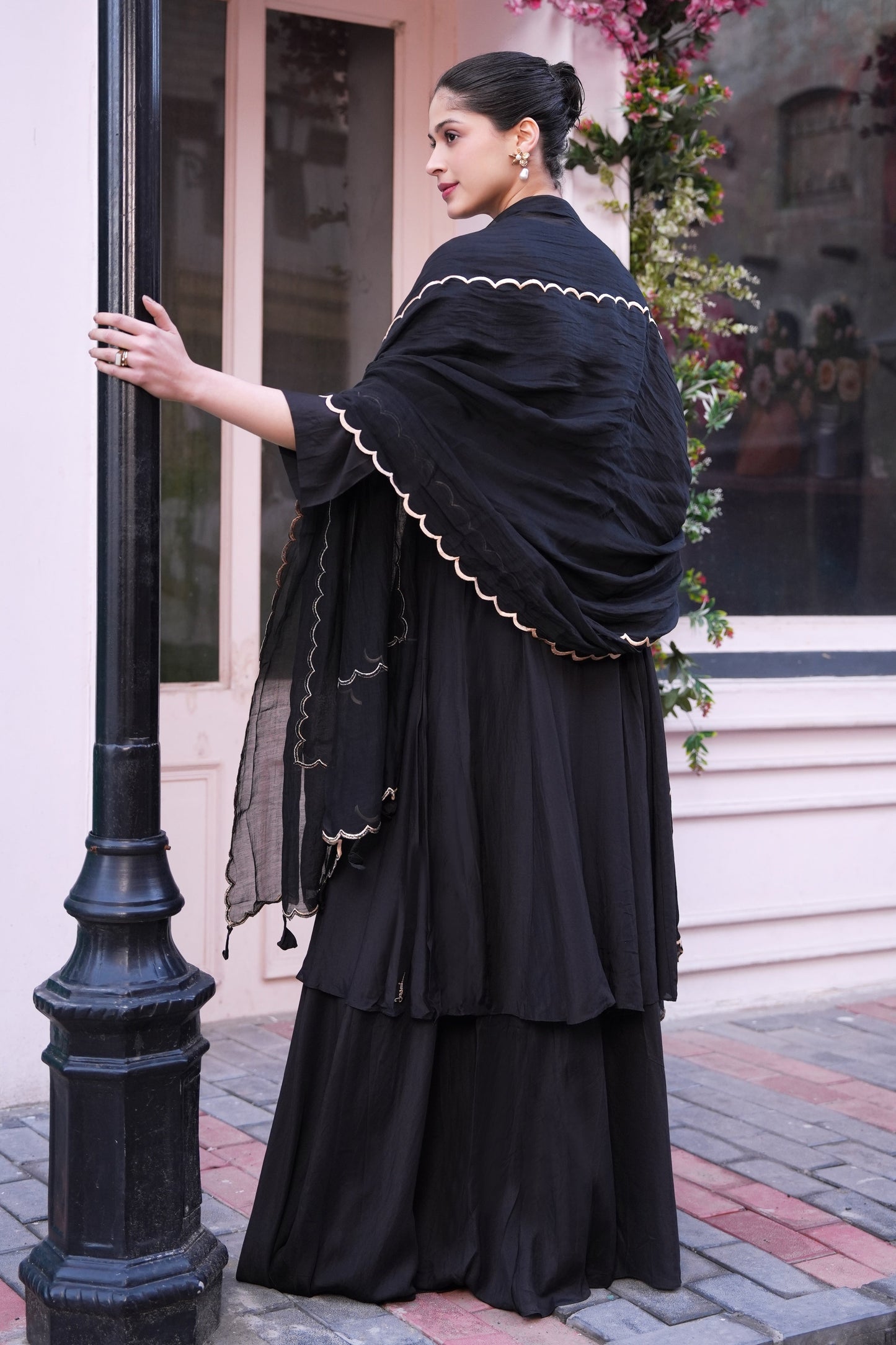 Spike Mul Short Anarkali With Sharara - BLACK