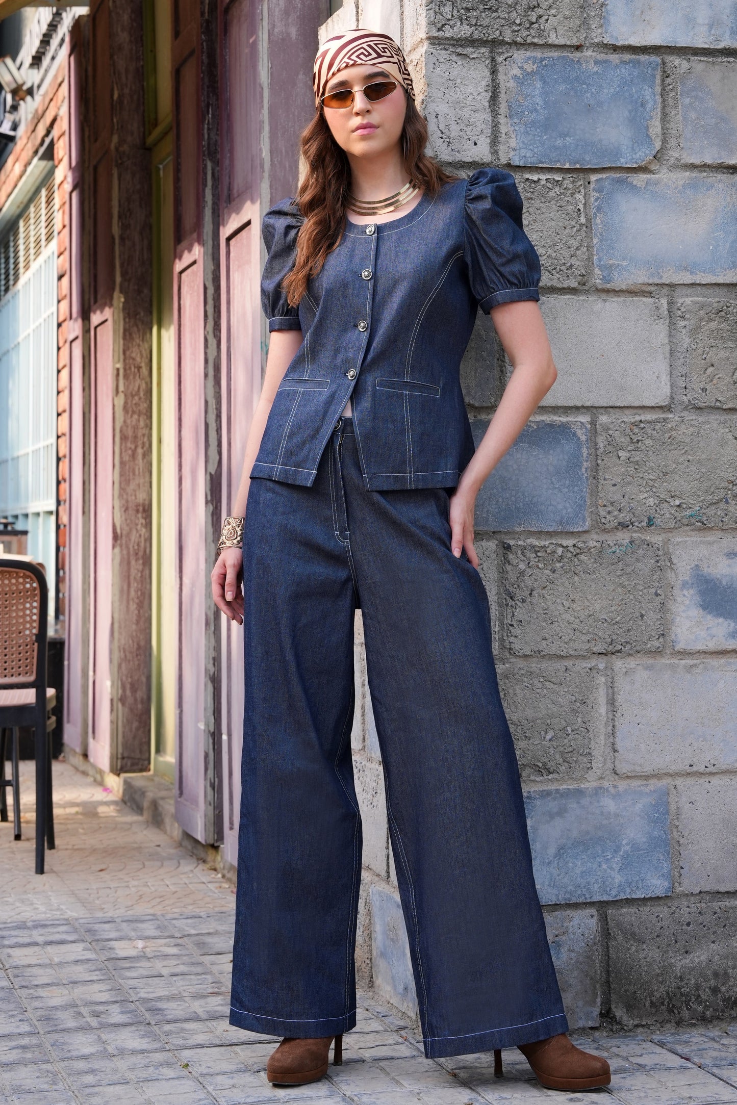 Denim Top With Puff Sleeves - NAVY