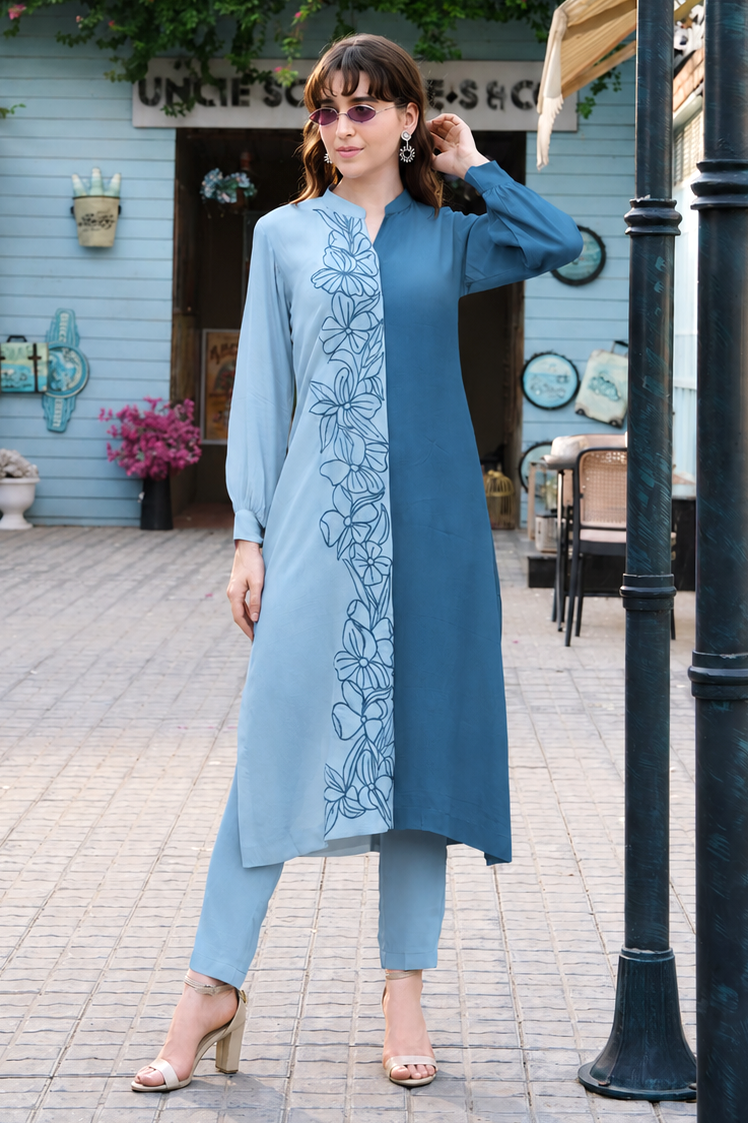 Line Art Dual Tone Kurta Set - BLUEBERRY