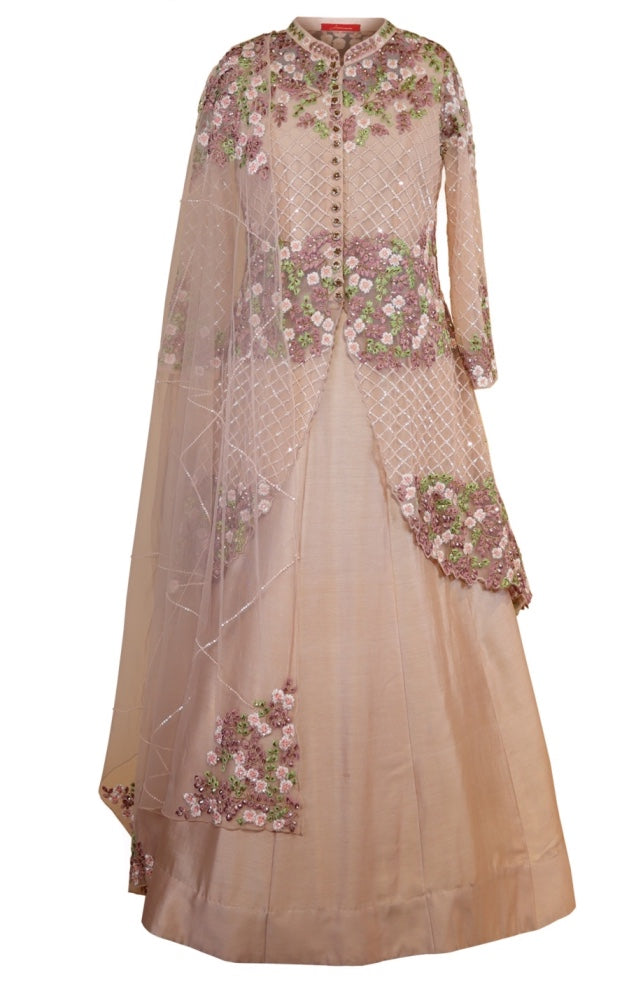 Blush Asymmetric Achkan With Kora Silk Skirt