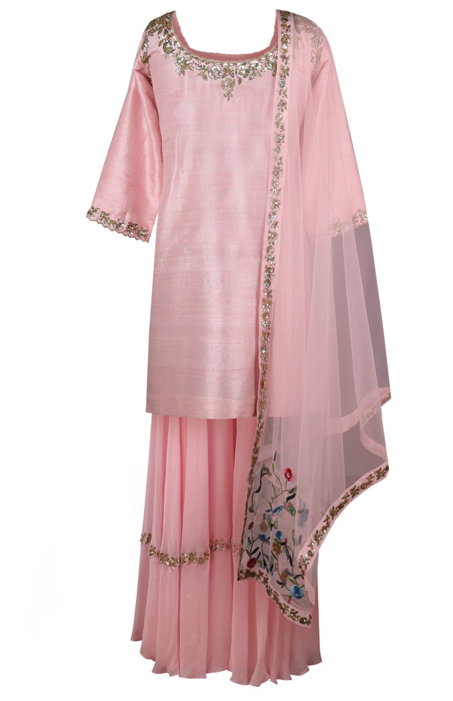 Raw Silk Short Shirt With Embroidered Sharara