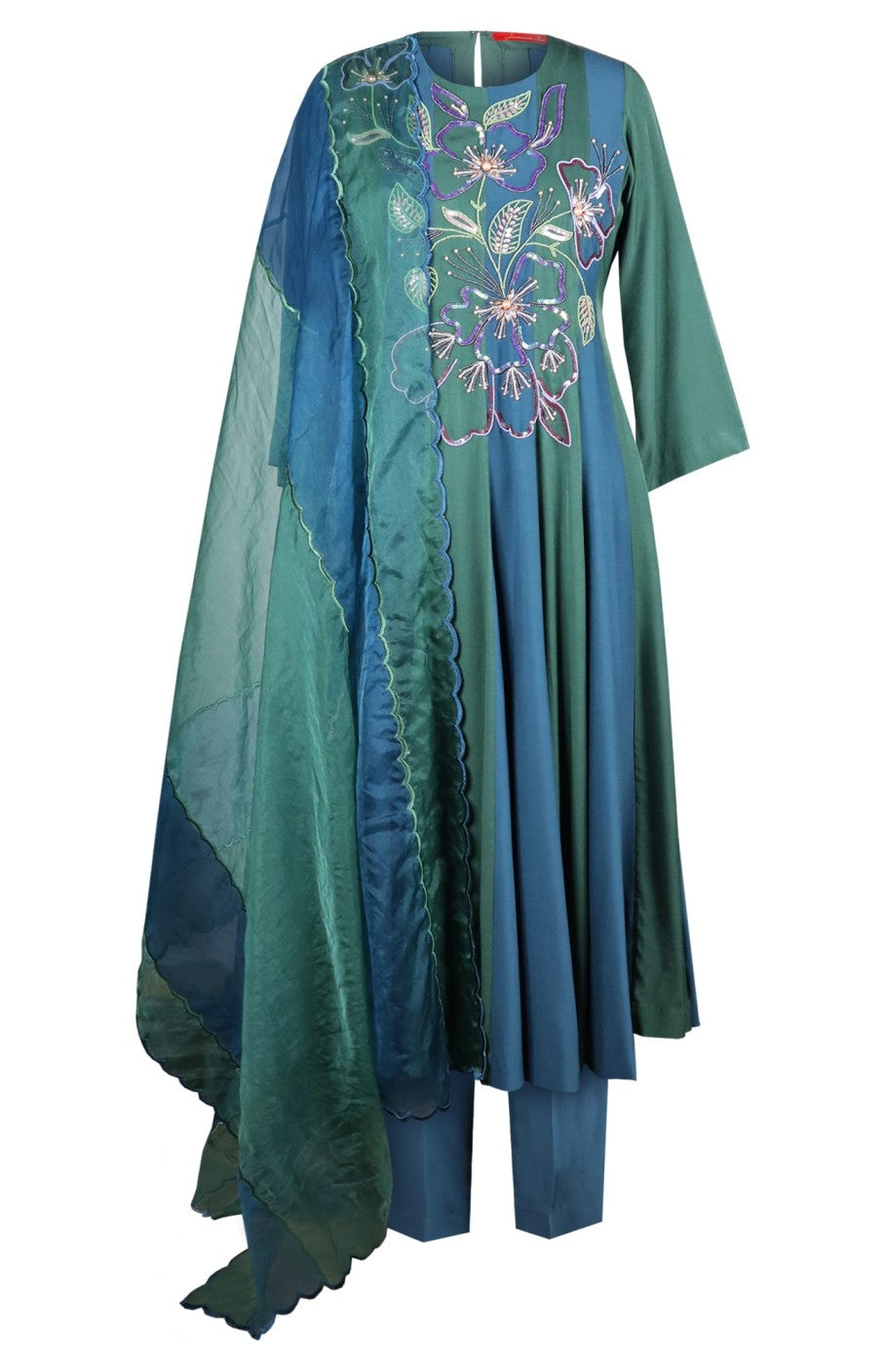 Poppies Dual Anarkali - GREEN NAVY