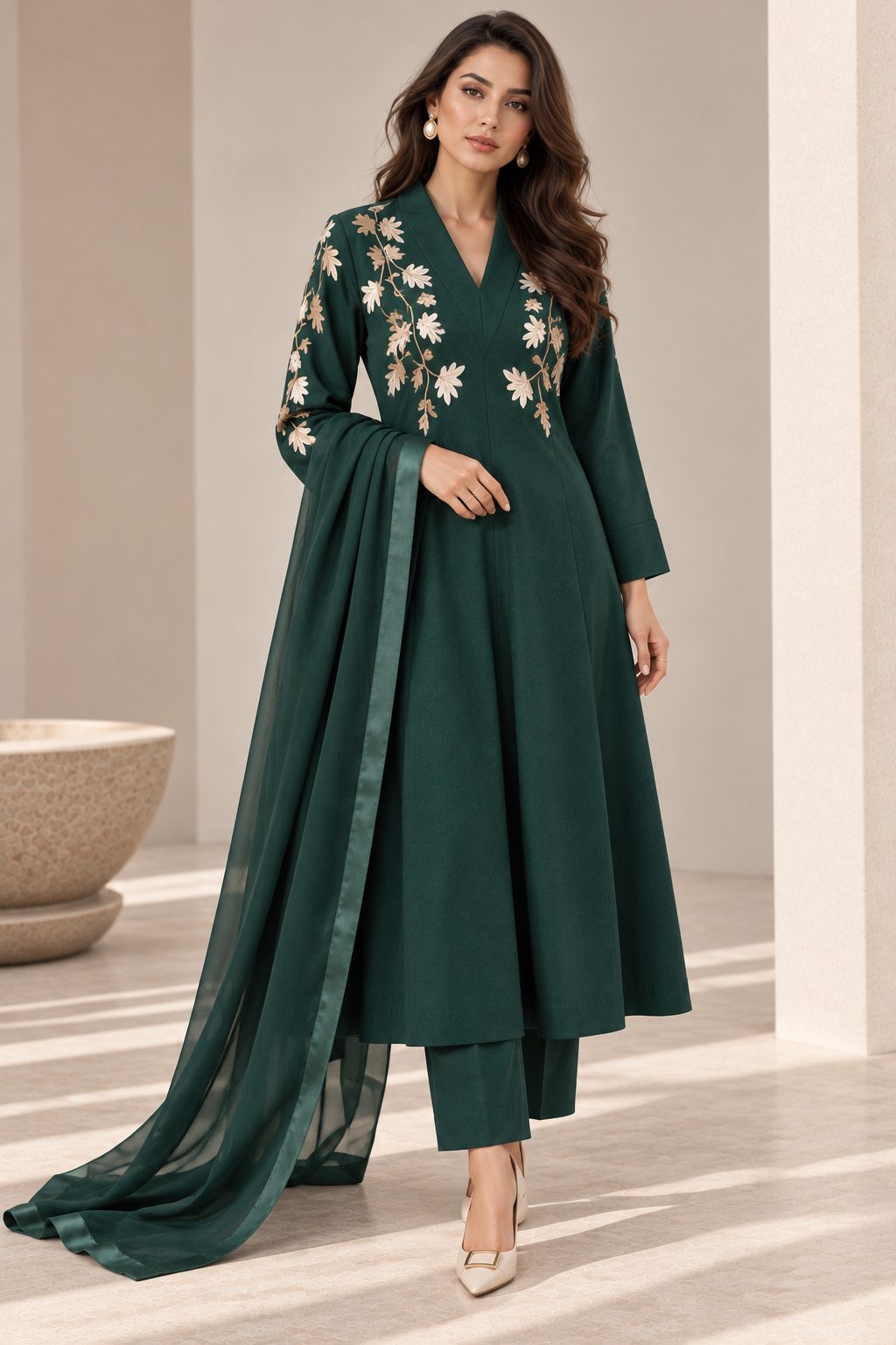 A-Line Kurta Set With Shawl Collar